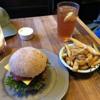Berlin burger with Sweet Potato patty in a gluten-free bun, Vinegar Fries & medium Iced Tea  at Halifax Burgers - Larsbjornsstaede in Copenhagen