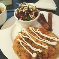 Spanish Omelette with Tempeh Bacon and Hash Browns.  So good! at Plant Matter Kitchen in London