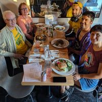 Happy vegan activists at a late dinner seating at Plant Matter Kitchen in London