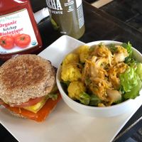 Breakfast muffin and kimchi salad at Plant Matter Kitchen in London