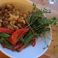 Baked mac n cheese with roasted red pepper and green beans and some fresh sprouts. Yum! at Plant Matter Kitchen in London
