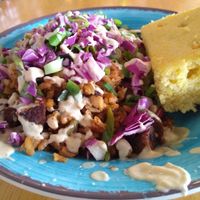 Spicy Jambalaya lunch special with corn bread at Krimsey's Cajun Kitchen in North Hollywood