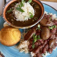 Jazzy Trio with Okra Jumbalaya, rice & beans, cornbread muffin at Krimsey's Cajun Kitchen in North Hollywood