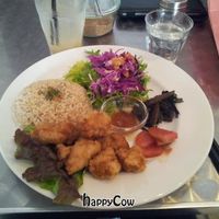 Fried soy meat and brown rice at Vegan Healing Cafe in Tokyo