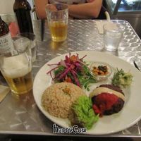 Burger, brown rice & salad at Vegan Healing Cafe in Tokyo