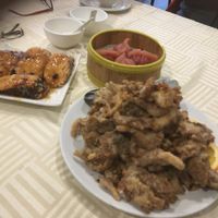 Deep fried oyster mushrooms, stuffed eggplant, beet dumplings  at Sun Bo Kong Vegetarian in Vancouver