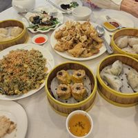 Fried rice, mushroom Shui Mai, Vegetable dumplings and deep fried mushrooms (tastes like Calamaris). at Sun Bo Kong Vegetarian in Vancouver