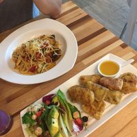 Fried tempeh, tomato and cheese spaghetti . at Le Jardin du Petit Prince in Taichung