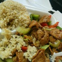 Mongolian delight; veg chickn, mushrooms, celery, onion, garlic over brown rice at Loving Hut in Fresno