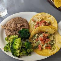 Tofu chimichurri tacos without queso fresco and with refried beans and broccoli at Elmyriachi in Atlanta