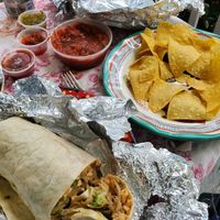Thai Burrito with tortilla chips and salsa at Elmyriachi in Atlanta