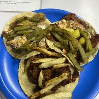 Tacos de pastor, milanesa y birria con nopales/ papas/ queso de Oaxaca   at A Darle Que es Taco Vegano - Churubusco in Mexico City