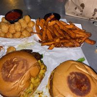 Bac’n Cheezeburger with tots & jalapeño chik’n with sweet potatoes  at Arlo's Food Truck - Spider House Cafe in Austin
