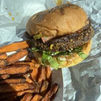 Bacon cheese burger and sweet potato fries    at Arlo's Food Truck - Spider House Cafe in Austin