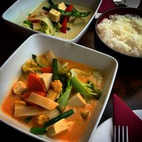 Vegetarian and vegan red & green curry. at Cafe Thailand in Cairns