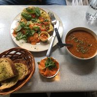 lentil soup with garlic bread, cheese warm salad  at St. Agnes Kafé in Gothenburg