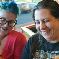 Mel & Mandy love eating vegan pizza at Nick's Glassboro. at Nick's Pizza in Glassboro