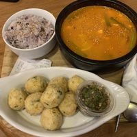 Tofu soup with rice + dumplings at A Cup of Peace in Boulder