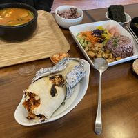 Korean Burrito with tofu, misc other dishes  at A Cup of Peace in Boulder