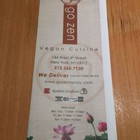Menu front and contact  at Go Zen in New York City