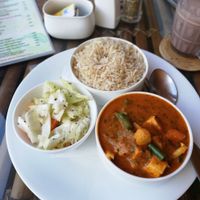Tofu with Green Veggies & Himalayan Herb Rice - unfortunately just average, not special. at Pure Soul Cafe in Rishikesh