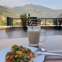 Vegan pizza (not the whole thing, just some slices!) And smoothie at Pure Soul Cafe in Rishikesh