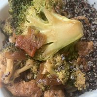 Vegan ginger “chicken” with broccoli and quinoa at Jolo's Restaurant and Venue in New Rochelle