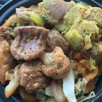 Vegan “beef” made from seitan, curried potatoes, sweet potatoes   at Jolo's Restaurant and Venue in New Rochelle