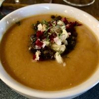 Pumpkin soup with beluga lentils  at Harvest Beat in Seattle