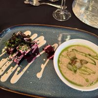 Hickory smoked potato chowder alongside a pinenut wasabi crème glazed roasted beet poke salad, topped with ponsu marinated wakame, and finished with toasted sesame seeds.  at Harvest Beat in Seattle