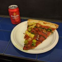 Queen Vegan Pizza [£4.00] – Artichoke Hearts, Green Olives, Red Onion, Sun-Blush Tomatoes, Tomato Sauce, Green Sauce; Can of Estrella Damn [£4.50]  at Voodoo Rays - Boxpark in East London