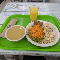 Lunch of the day. Onion soup, vegan chicken, salad, rice and dumplings. Passion fruit juice. About $4 US at Veggie Life in Medellin