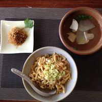 Spicy noodles + Daily soup + extra appetizer at Hsia An Chu Vegetarian in Taitung