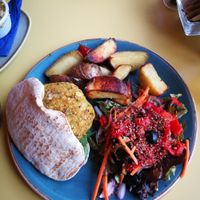 Bean burger with potato wedges at Joe's Cafe in Lahinch