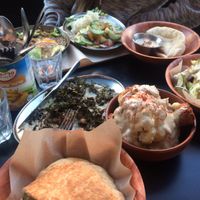 Eggplant salad (amazing), baked cauliflower, shuit  at Tahina in Northcote