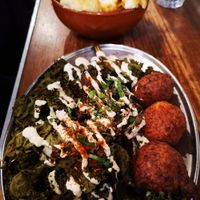 Roasted aubergine with red falafels, and roasted  cauliflower at Tahina in Northcote
