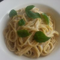 Vegan pasta with creamy garlic sauce at Simple Things in Kampot