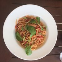 Pasta with homemade tomato sauce and basil. at Simple Things in Kampot