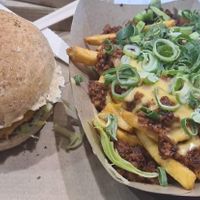 Kahula burger and loaded chilli fries  at Vegan Love in Budapest