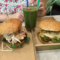 shiitake burger with chickpea omlett and tofu BBQ burges, smoothie  at Vegan Love in Budapest