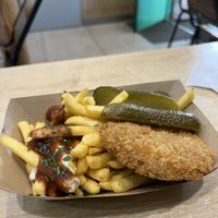 Fries and vegan chicken  at Vegan Love in Budapest