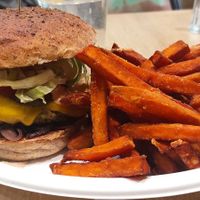 Broccoli burger plus sweet potatoes fries at Vegan Love in Budapest