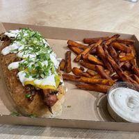 Chili dog, sweet-potato fries and garlic mayonnaise  at Vegan Love in Budapest