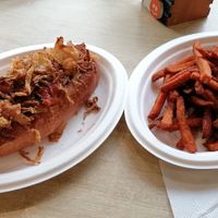 onion dog with sweet potato fries at Vegan Love in Budapest