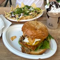 Nachos, BBQ tofu burger, Oreo shake  at Vegan Love in Budapest