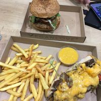 Philly cheese steak and bbq chicken burger!!  at Vegan Love in Budapest