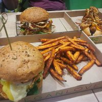 Bbq tofu, onion hot dog, sweet potato fries at Vegan Love in Budapest