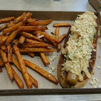 Mexican dog and sweet potato fries at Vegan Love in Budapest