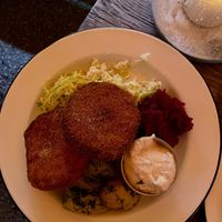 Large plates are large! My hubby had already eaten the first schnitzel    at Apteka in Pittsburgh