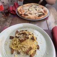 Vegan Carbonara and Vegan pizza with eggplant at Rifugio Romano in Rome